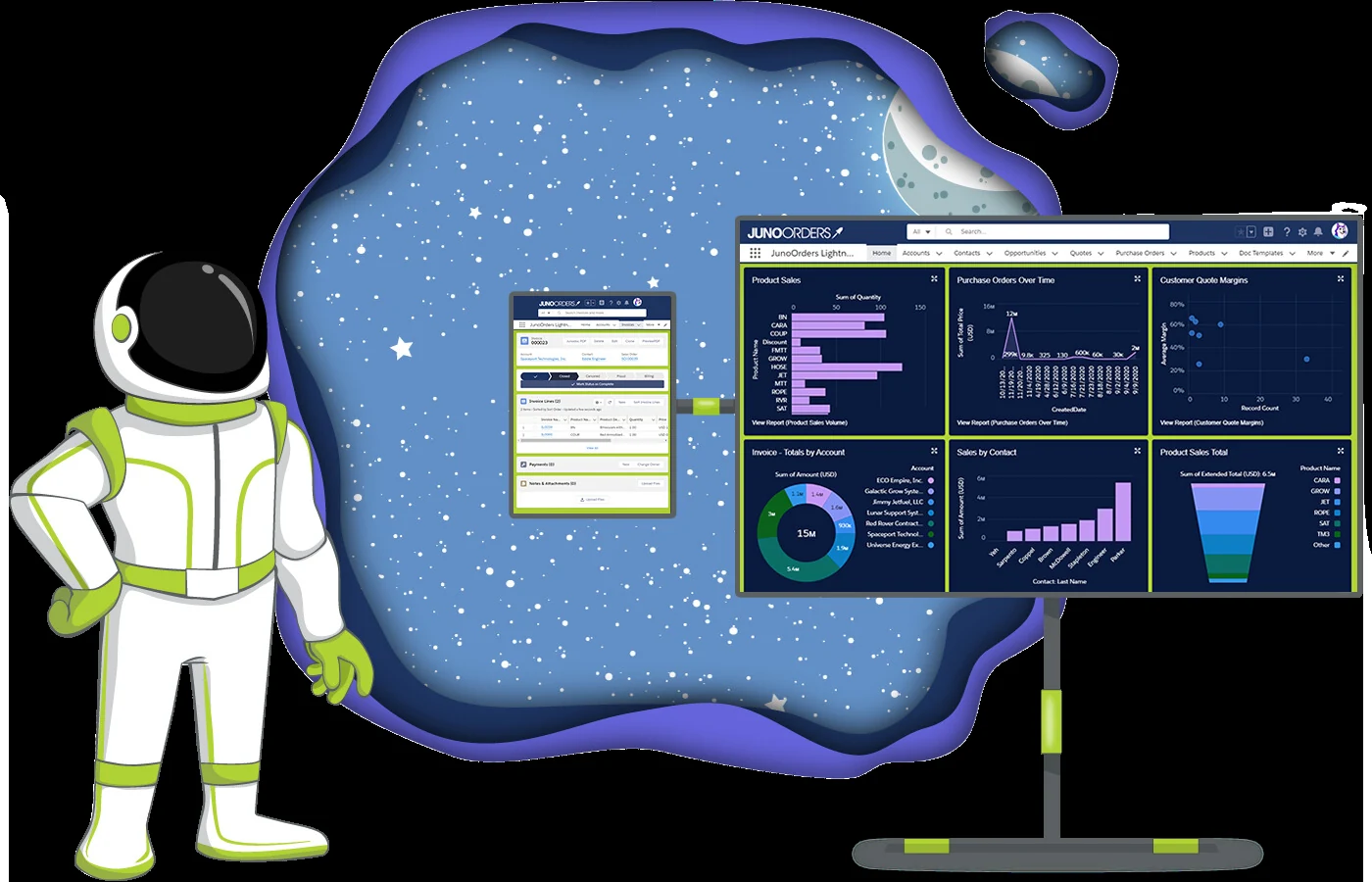 astronaut with a monitor showing juno orders' capabilities