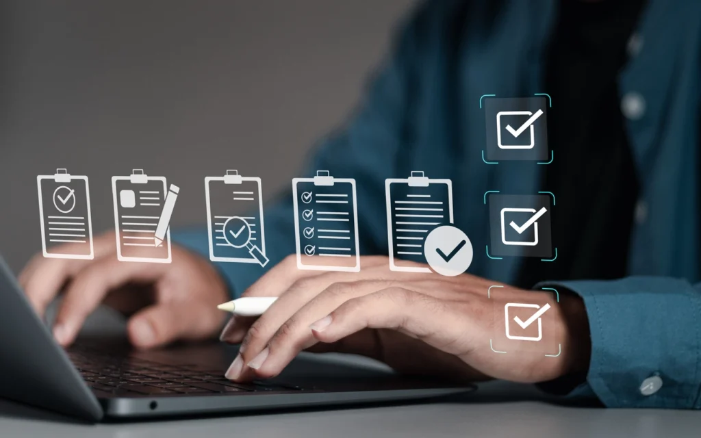 a man holding a stylus and a laptop with order management icons as foreground