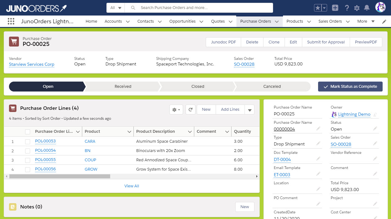 salesforce purchase order management snapshot