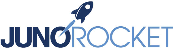 Juno Rocket logo: juno rocket words with a rocket flying off the o in Juno