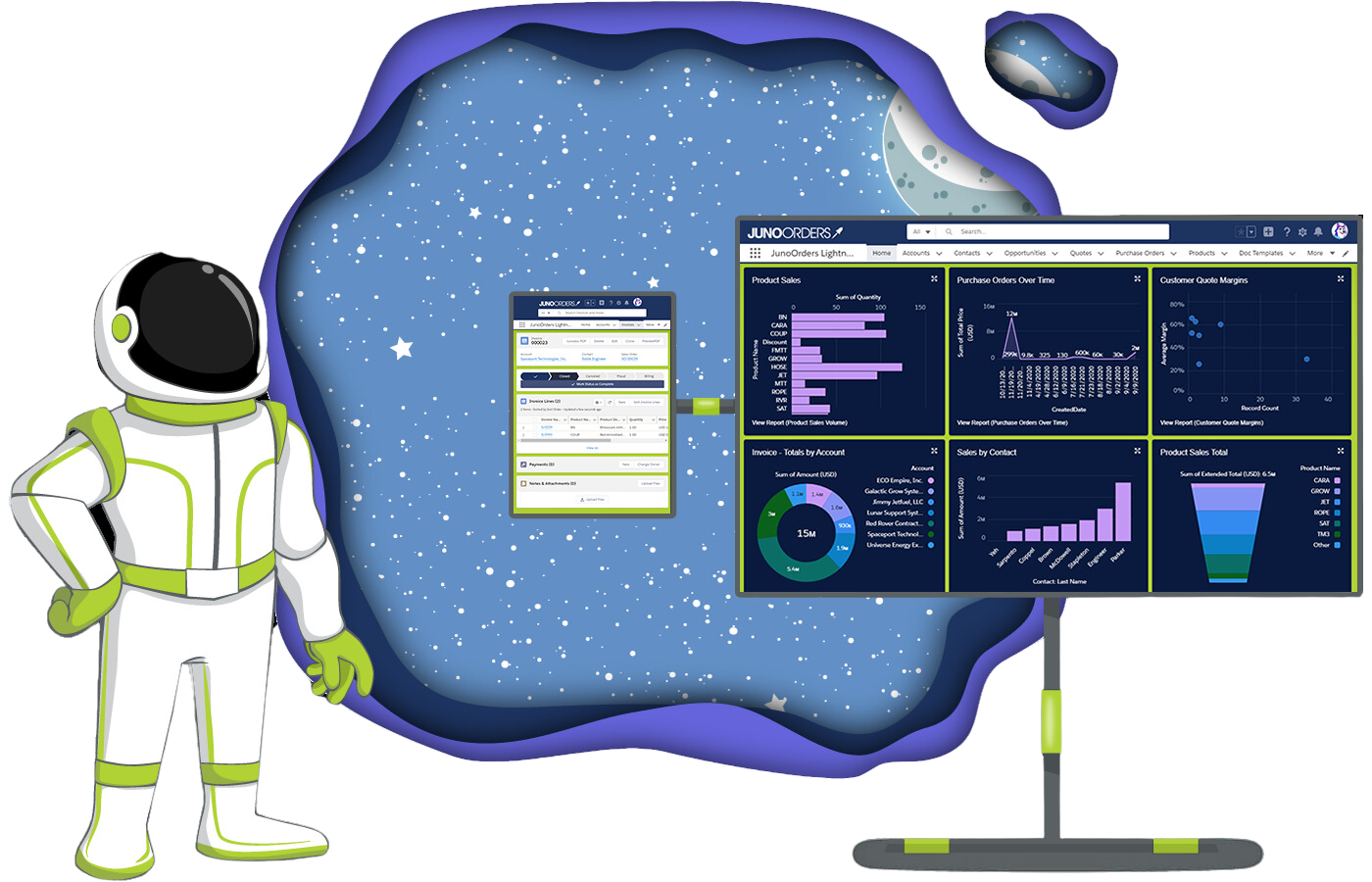 astronaut with a monitor showing juno orders' capabilities